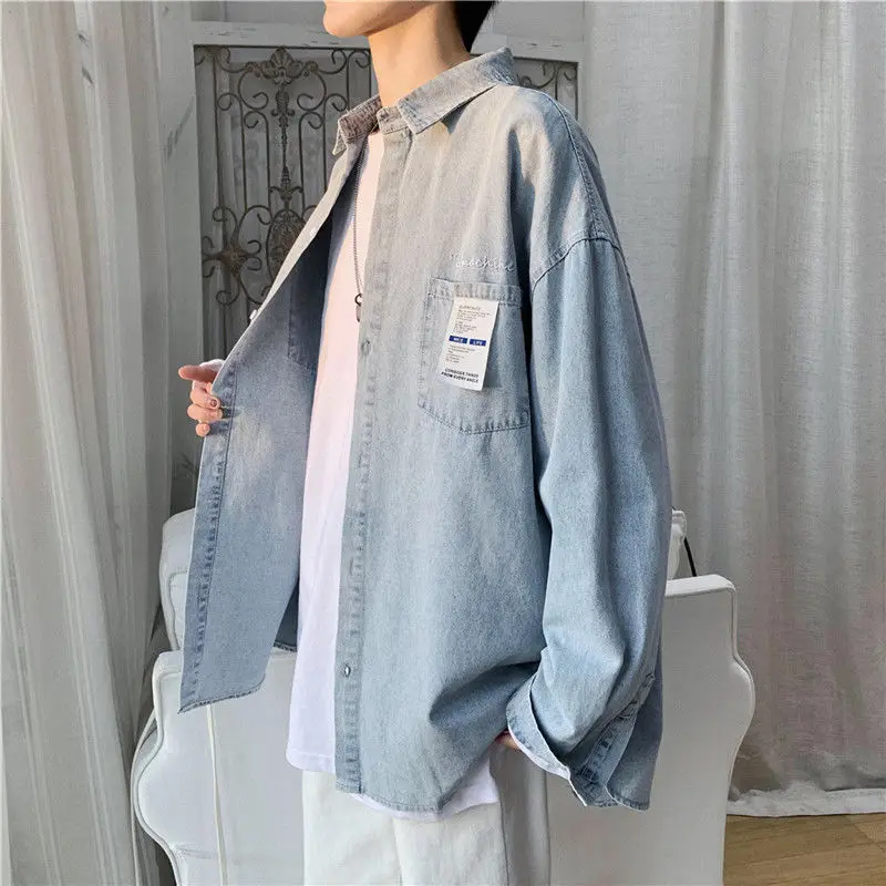 

Silhouette denim shirt blue oversize ruffian shuai fried street Korean edition trend loose 2021 summer new long sleeves