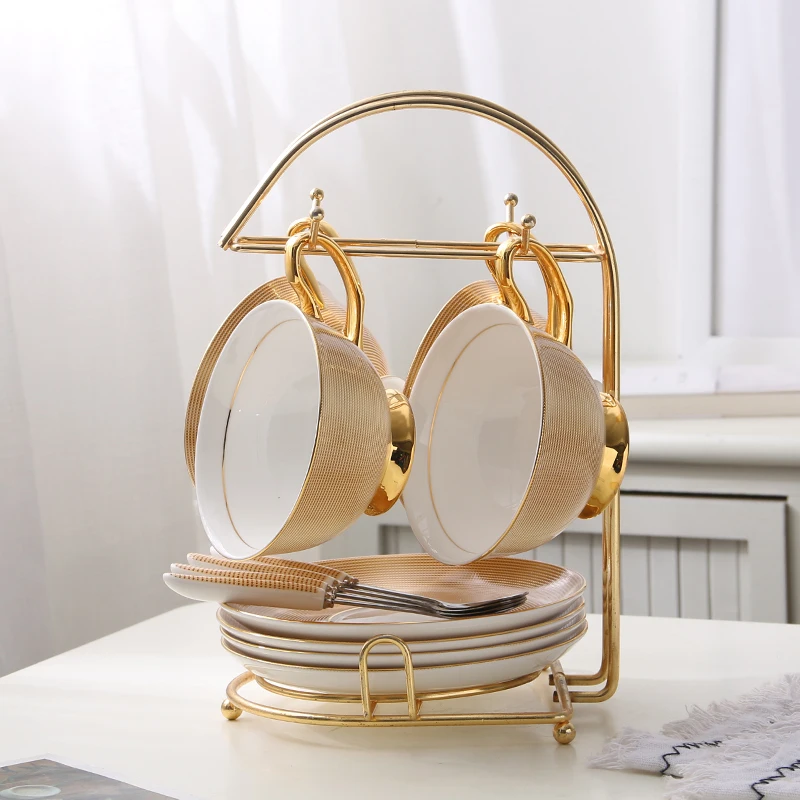 4Cups n Holder Роскошный Золотой костяной фарфор чайная чашка блюдце ложка набор 200 мл Благородная керамическая кофейная чашка Современная фарфоровая чайная чашка вечерние чайные часы посуда для напитков - Цвет: 4Cups n Holder