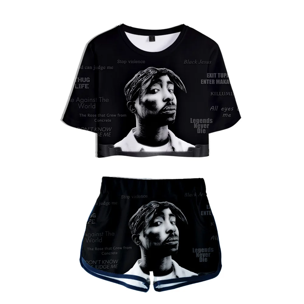 

Cool Fashion High Quality ladies 3D suit Tupac 2Pac 3D printing sexy crop T-shirt + shorts cool suit