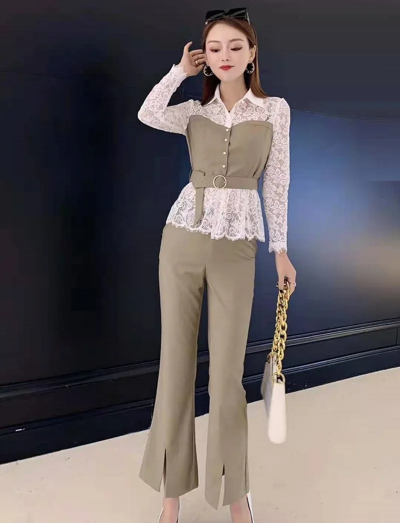 

Blazer Sets 2021 Spring Summer High Quality Clothing Set Women Lace Patchwork Long Sleeve Shirts+Blazer Jacket Coat+Pant Set 3pc