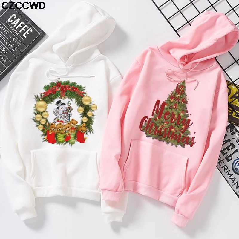 

Oversize Women Hoodie Christmas Tree New White Pink Harajuku Plus Velvet Winter Basic Sweatshirt Long Sleeve Thicken Hooded Tops
