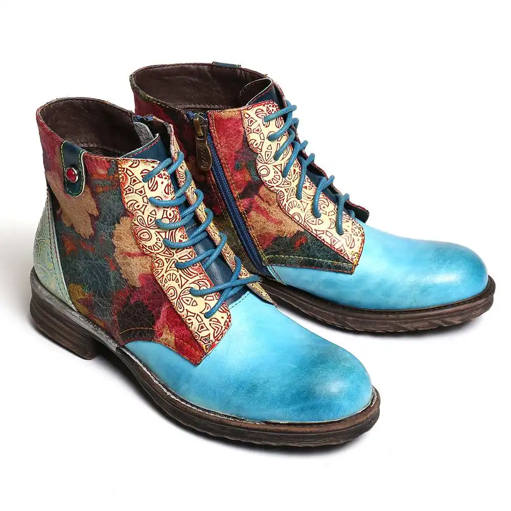 SOCOFY/Botas Mujer; ботинки с цветочным узором из натуральной кожи на молнии; короткие ботинки на плоской подошве со шнуровкой; женская обувь; женская зимняя обувь