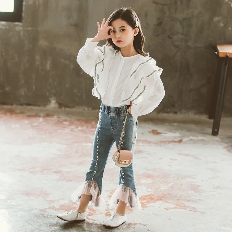 Новинка осени 2020 детская одежда модные сетчатые кружевные расклешенные джинсы с