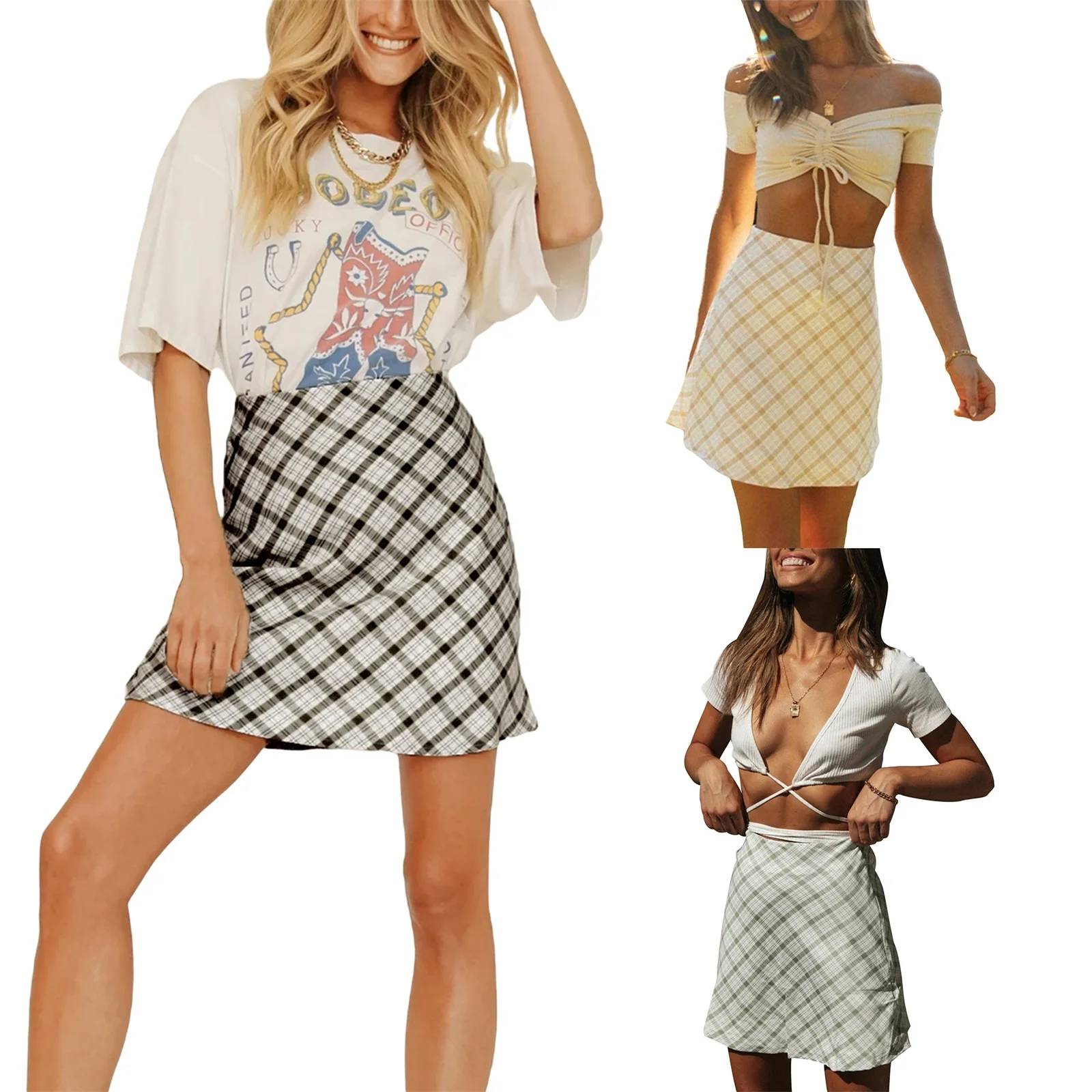 2021 Women A-line Style Skirt Plaid Printed Pattern Zipper Closure High Waist Dress Black/ Green Apricot