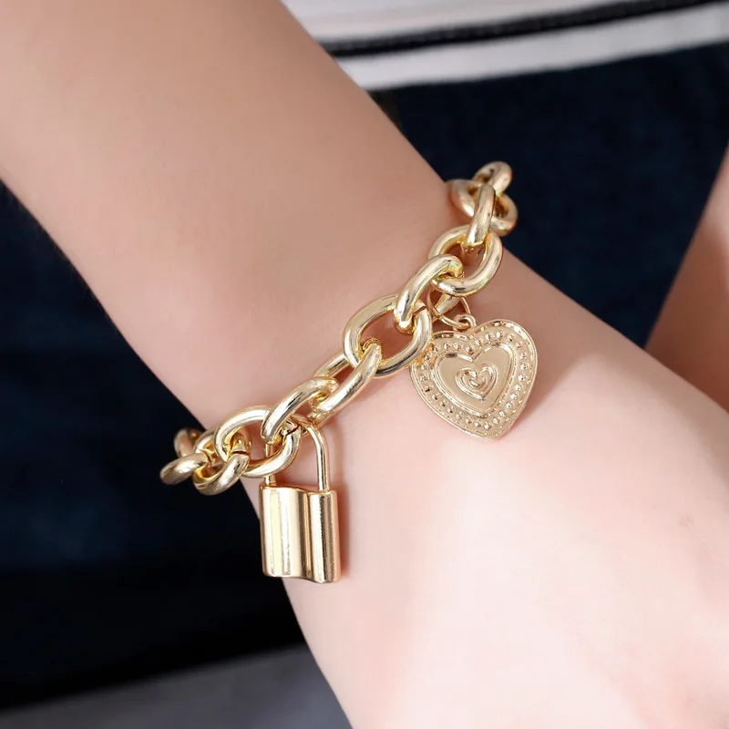 

Punk Bracelet Hip Hop Thick Chain Heart Lock Bracelets & Bangle Women Men Couple Charm Bracelet Trendy Jewelry