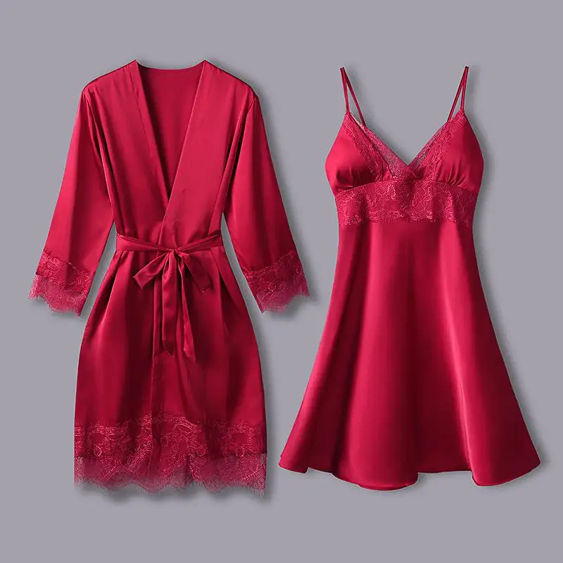 Blue Lace Sexy Nightwear Kimono Bathrobe Gown Satin Women Sleepwear Intimate Lingerie Home Clothing 2021 New 2PCS Sleep Set