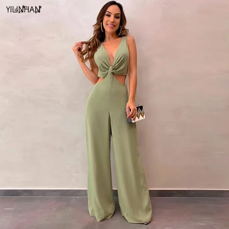 

YILINHAN Women Casual Jumpsuits Summer Solid V-Neck Sleeveless Sexy Hollow Out Overalls Jumpsuit Lady Slim Lightly Cooked Style