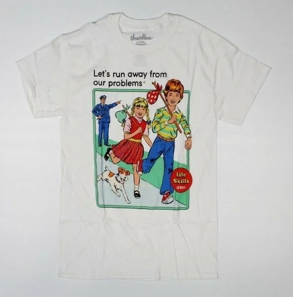 

Steven Rhodes Run Away Life Skills Series Funny White T-Shirt New! (2B2