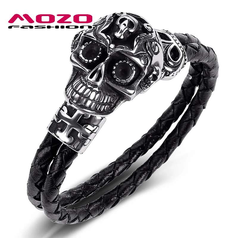 

2020 Men Jewelry Genuine Leather Bracelet Stainless Steel Punk Locomotive Skull Charm Exaggeration Bangles