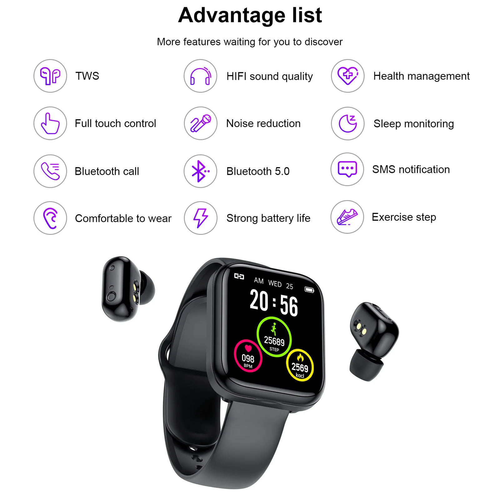 2 In 1 Bluetooth Wireless Earphones Sport Handsfree Earbuds Headset With Smart Wristband Watch Bracelet For IOS Android | Электроника