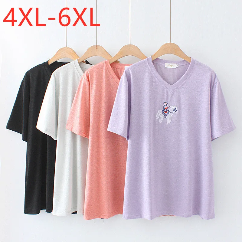 

Женская трикотажная футболка, большие размеры, 5XL 6XL, вязаная футболка с коротким рукавом и V-образным вырезом, лето 2021 г., размера плюс