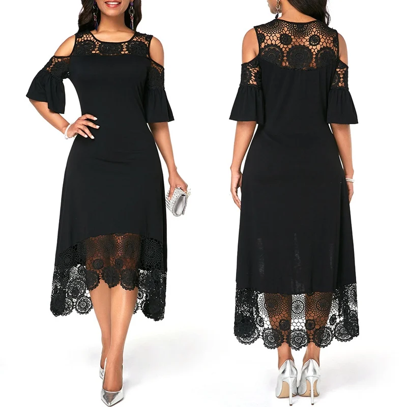 

S-5XL Big Plus Size Women's Fashion Summer Ruffles Irregular Elegant Dress Casual Black Short Sleeve Sexy Maxi Long Lace Dress