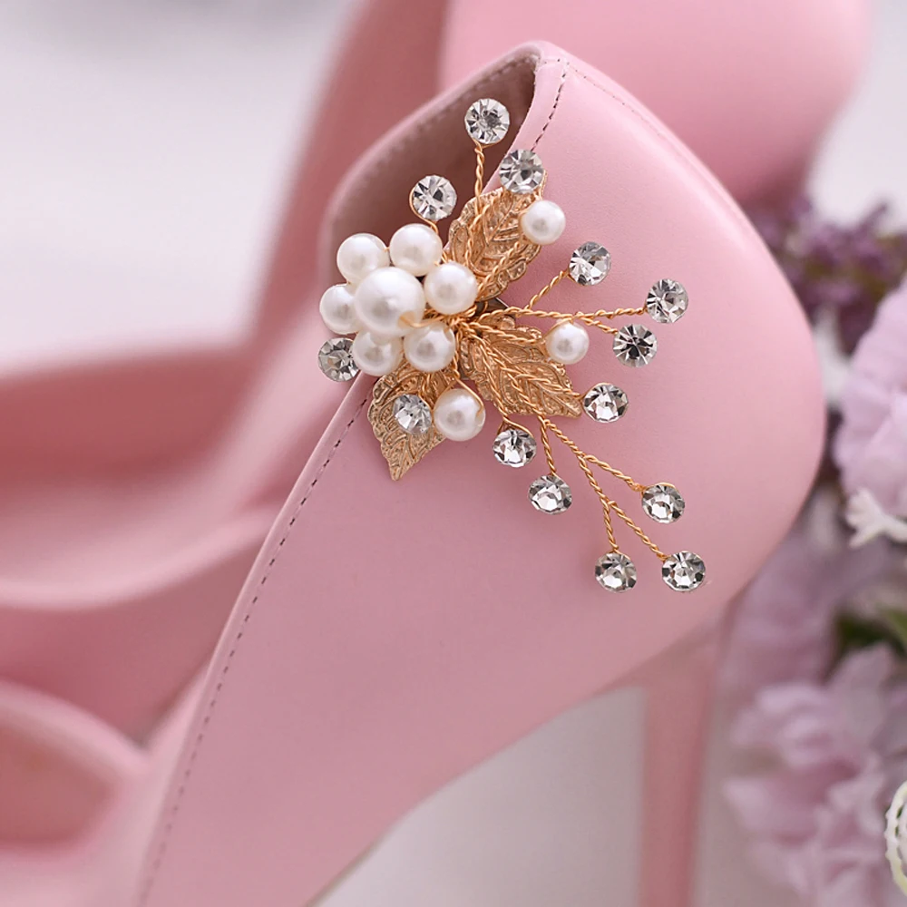 

X03 свадебные туфли с золотистыми листьями застежка с жемчугом для женщин Невеста высокий каблук украшение бриллиант 2 шт обувные зажимы