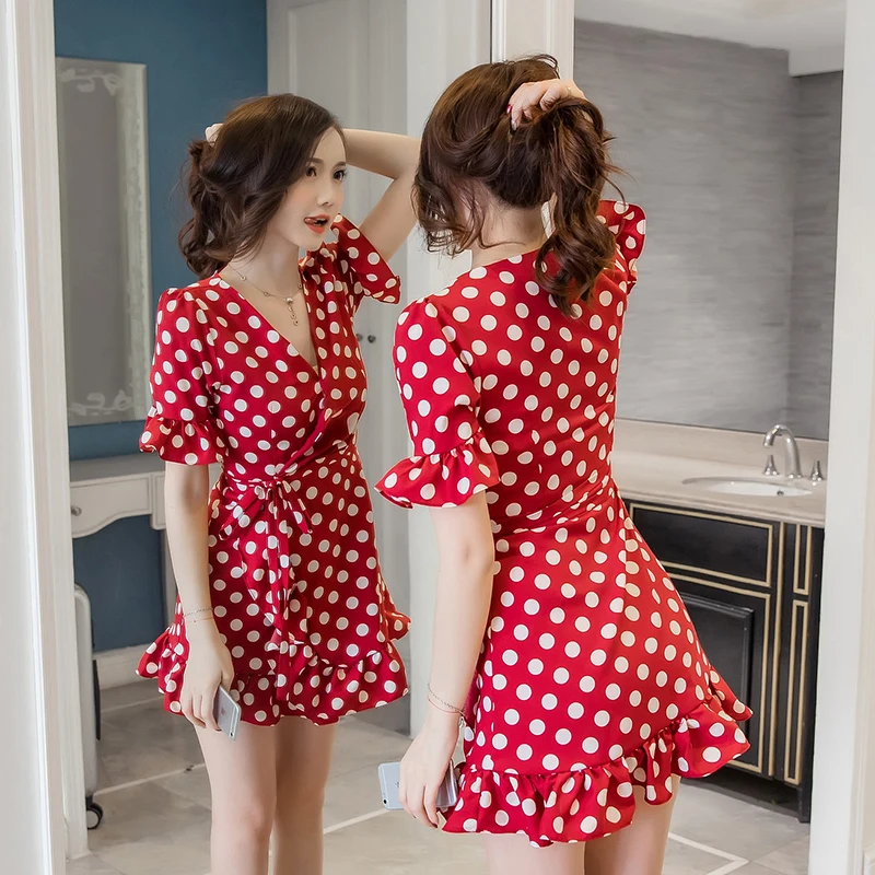 Женское винтажное красное платье в горошек Пляжное Платье на бретелях с v