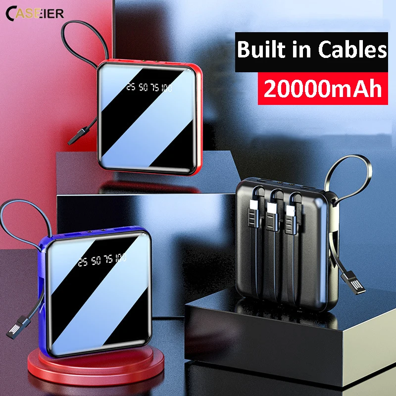 

Hot Sale Mini Power Bank Built in 4 Cable 20000mAh Portable External Battery Charger Powerbank For Mobile Phone