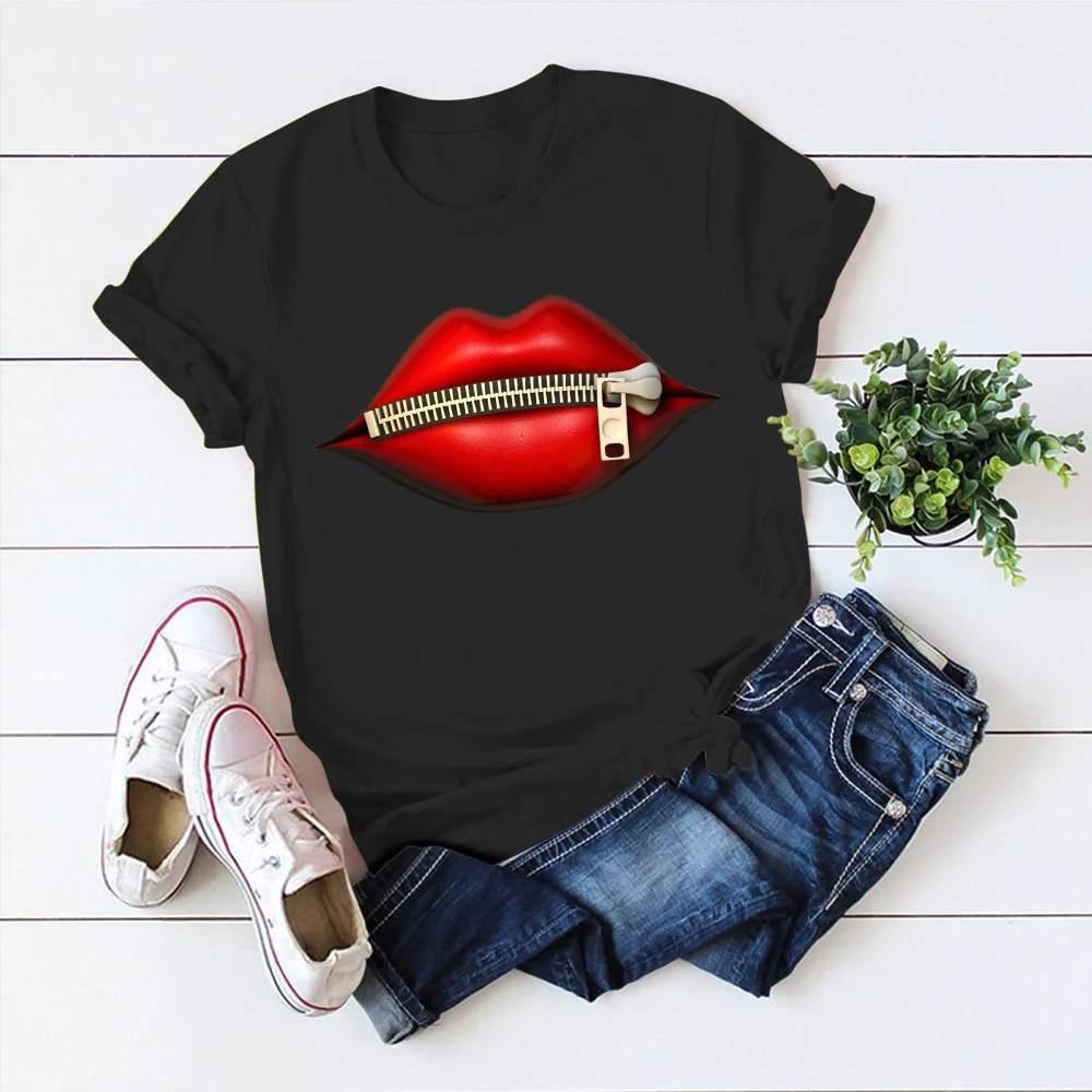 

Zipper Red Lip Print Women T Shirt Short Sleeve O Neck Loose Women Tshirt Ladies Tee Shirt Tops Clothes Camisetas Mujer