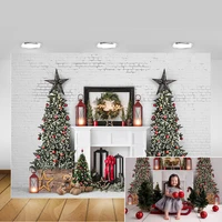 merry christmas photo background white brick wall fireplace winter christmas trees backdrop photography toys lamp photocall