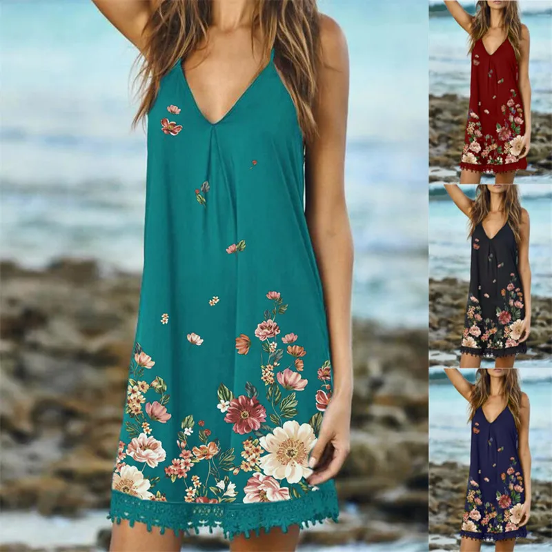 

2021 Summer Chiffon Dress Women Sexy Backless Boho Beach Floral Print Dress Plus Size Casual V-neck Loose A-line Dress Vestidos