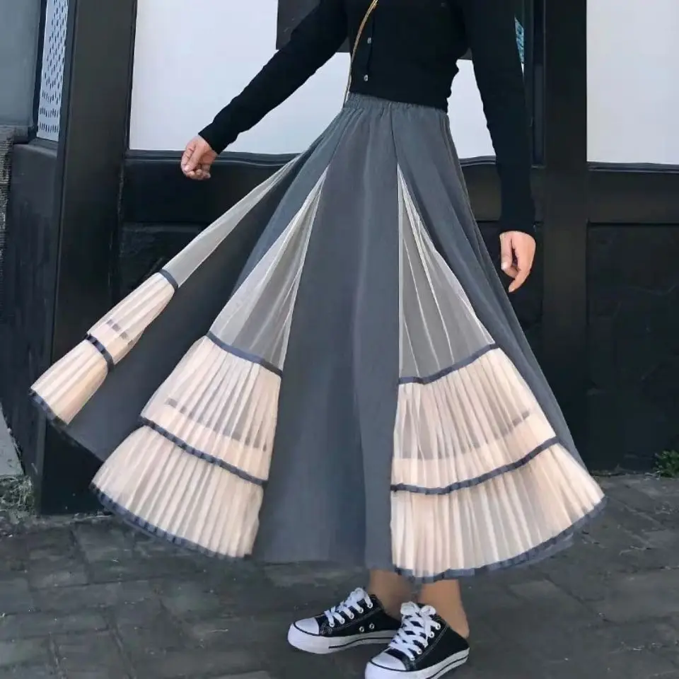 

Vintage High Waist Pleated Skirt Women's Long Mesh A- Line Long Bubble Dress Elegant Tide 2021 Retro Lolita Style Medieval Skirt