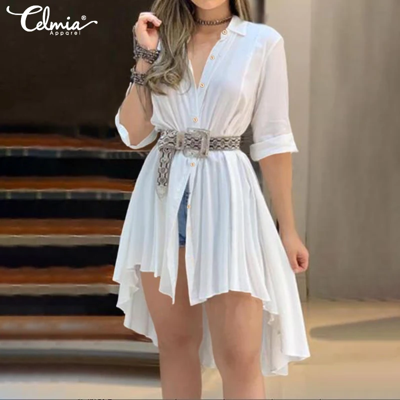 Женская шикарная белая длинная блузка Celmia Летняя асимметричная плиссированная