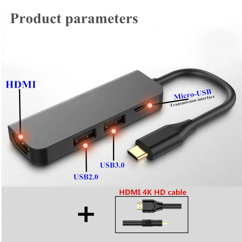 4in1Type-C к HDMI USB2.0 3,0 PD Многофункциональный узловой центр для смартфона компьютера HDTV для Macbook huawei Mate10 20 P20 samsung S8 - Цвет: Black 4K line