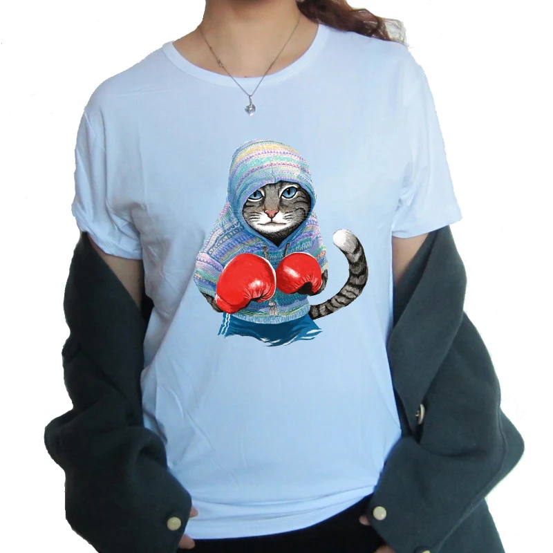 

Boxing cat T Shirt Summer cartoon Short Sleeve T-shirt Women hip hop T-shirt Street Rock T-shirt Harajuku Girl Tees Tops
