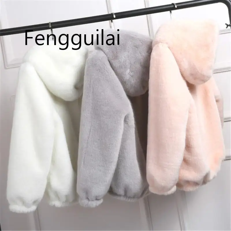FENGGUILAI 2020 New Faux Fur Coat With Hood High Waist Fashion Slim Black Red White Faux Fur Jacket Fake Rabbit Fur