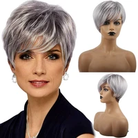 short synthetic hair with bangs wig ombre grey white straight heat resistant wigs for white woman femail daily use dream ices