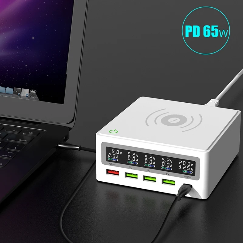 PD3.0 + QC3.0 Быстрое беспроводное зарядное устройство 5 USB портов 65 Вт для ноутбука PD