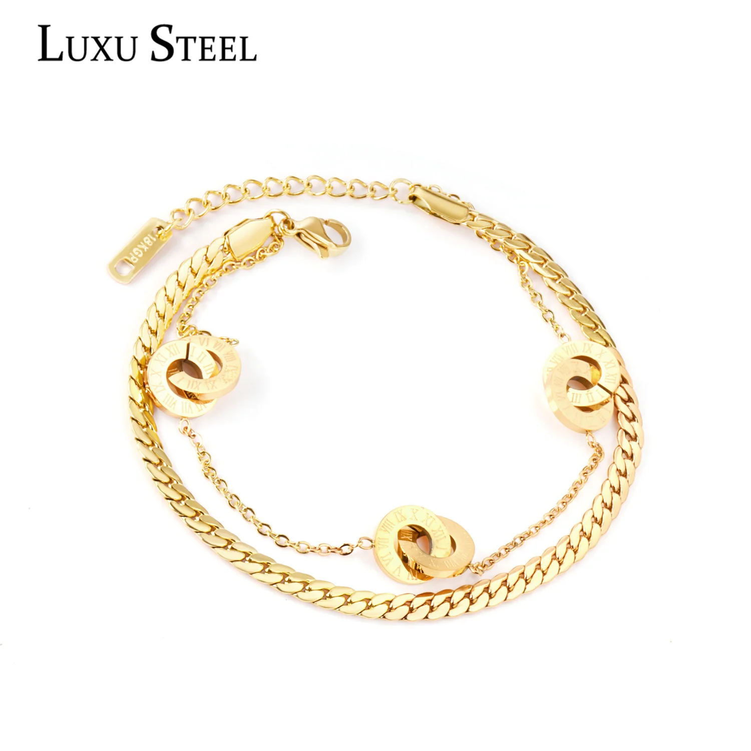 

LUXUSTEEL Classic Men Bracelets Gold Color 25cm Length Stainless Steel Roman Number Double Bracelets Bangles Valentine days Gift