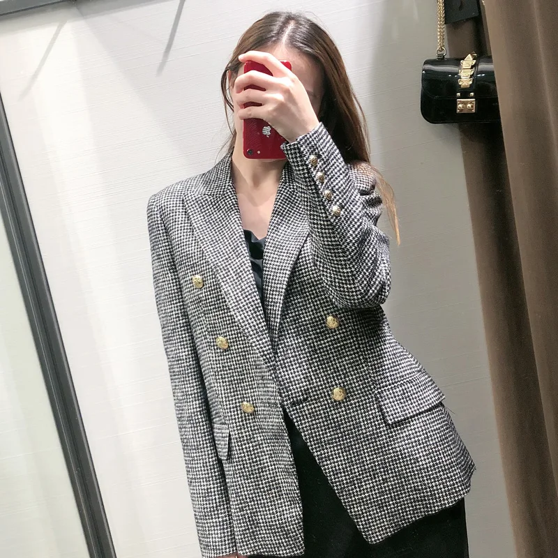Двубортные блейзеры для женщин модные повседневные куртки в ломаную клетку