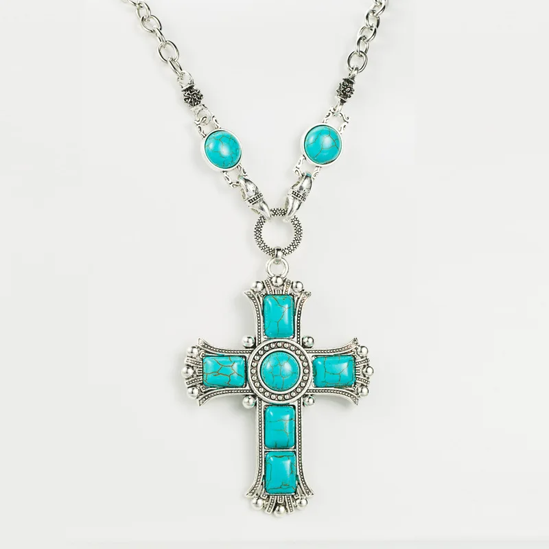 Стильное богемное ожерелье с большим крестом для женщин длинная цепочка зеленым