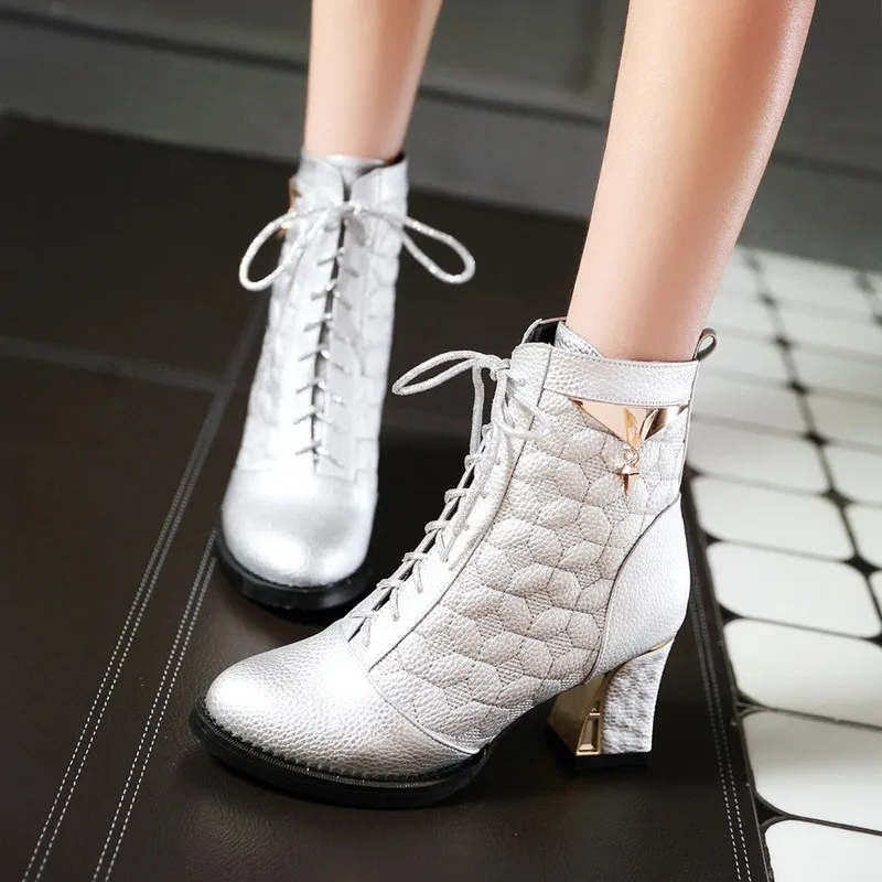 

Fashion round toe High Heels Women Ankle Boots Lace Up Fall Winter Platform Ladies Boots Metal decoration Fashion warm Shoes