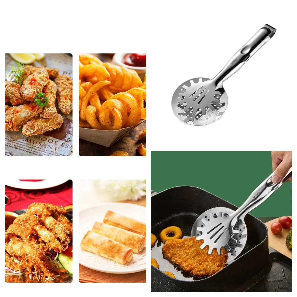 

Stainless Steel Food Tongs Kitchen Frying Filter Shovel Clamp Serving Tongs Fried Food Filter Clip For Steak Meat Bread Barbecue