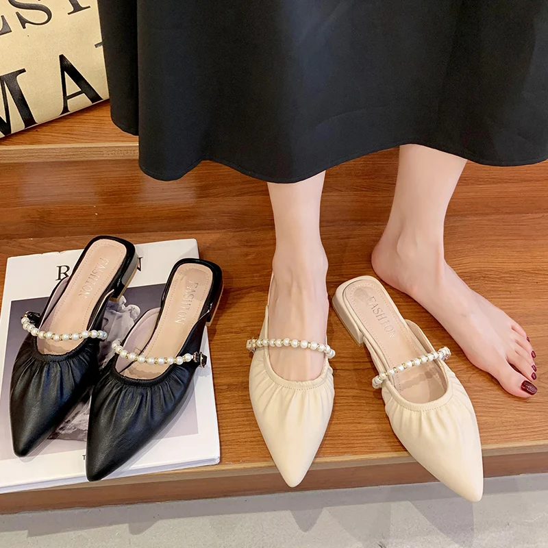 

Cover Toe Shallow Shoes Slippers Casual Low Slipers Women String Bead Slides Loafers Luxury Summer Flat 2021 Soft Fabric Basic R