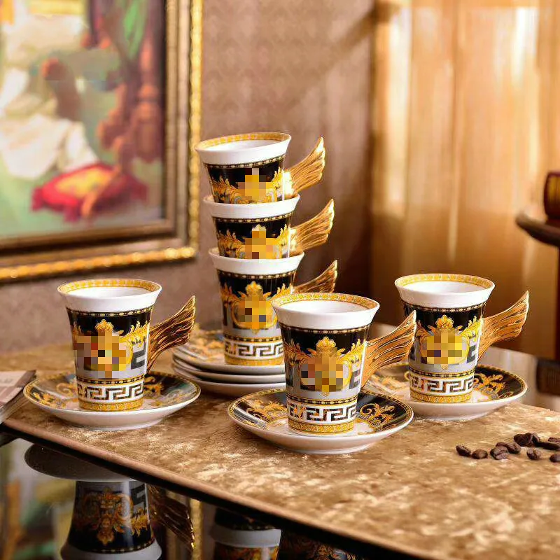 

Luxury Porcelain Coffee Cup Set European Tableware Service Dish and Saucer Black Gold Tea Bone China Type Feature