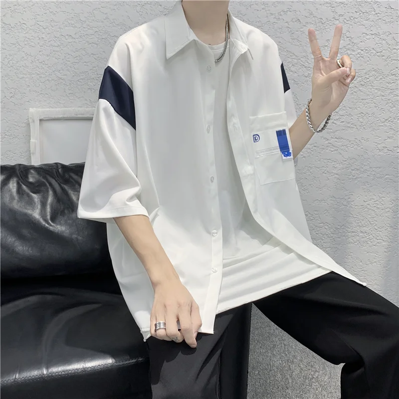 

Color Contrast Men Shirts 2021 Fashions Streetwear Summer Half Sleeve Vintage Loose Tops Couple Clothing Casual Camisa Masculina