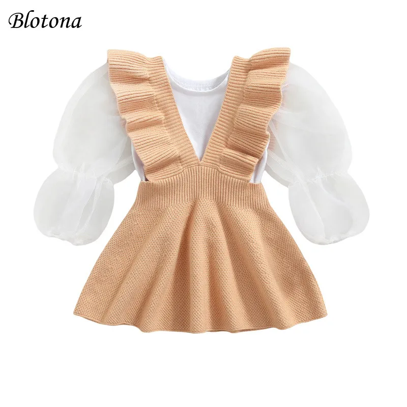 

Комплект для девочек Blotona, однотонный сетчатый топ с пышными длинными рукавами и трикотажная юбка на лямках, на возраст 1-7 лет