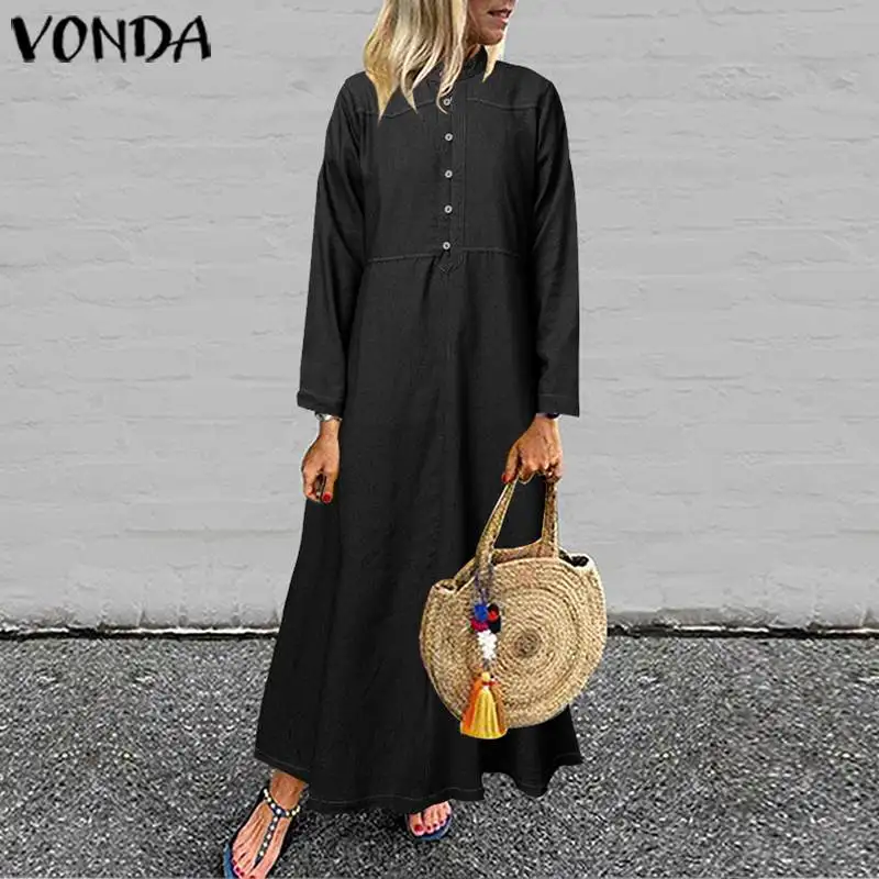 

Винтажное платье VONDA с длинным рукавом, женское длинное платье макси 2022, модные женские джинсовые платья, повседневная женская рубашка, плат...