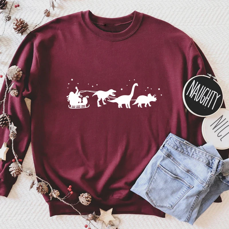 

Dinosaur Christmas T-shirt Cute Women Winter Long Sleeve Xmas Holiday Pullovers