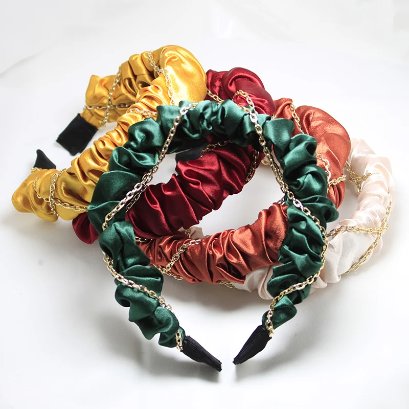 

New Fashion Retro Pleated Chain Hairband for Women Fabric Scrunchie Headband Hair Hoop Bezel Headpieces Female Hair Accessories