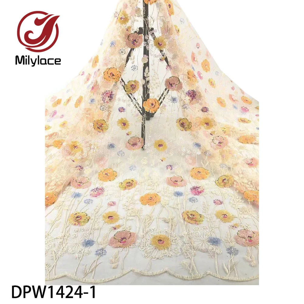 

2020 High Quality African French Net Lace Fabric with Very Beautiful Sequins Embroidered Flowers for Party Dress DPW1424