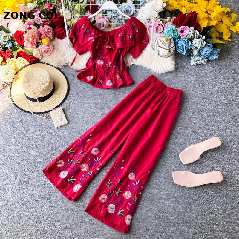 

Women's Vintage Embroidery 2-piece summer dress slash neck short top + long wide leg pants leisure suit 2-piece vacation set