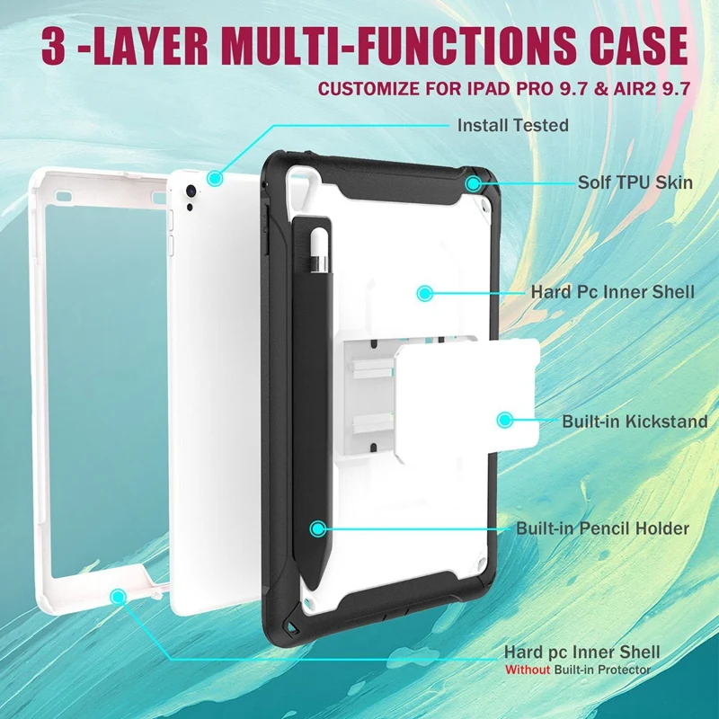 

For iPad Pro 9.7 Inch Tablet PC Case TPU Shockproof Protective Back Cover with Pen Slot Tablet Stand Case