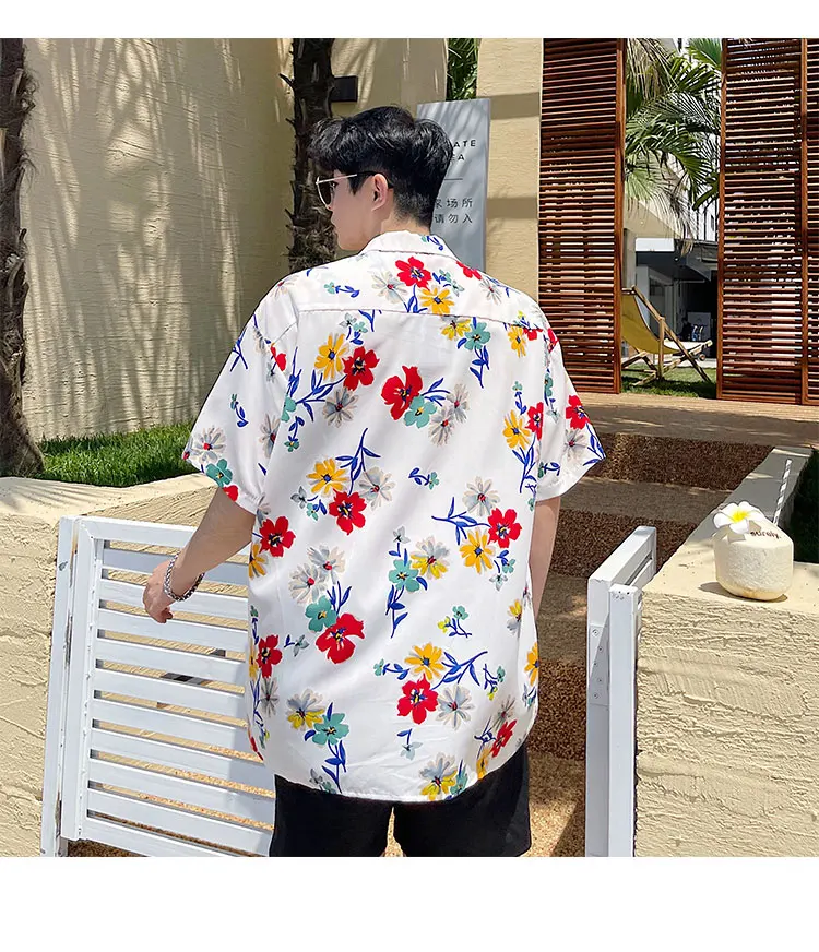 

New Summer Men Korean Streetwear Vintage Fashion Loose Casual Short Sleeve Flower Shirts Print Thin Beach Shirt for Man