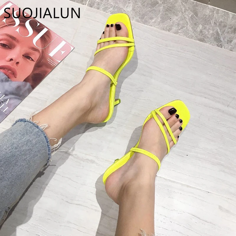 

SUOJIALUN Women Summer Slipper Fashion Narrow Band Ladies Elegant Sandals High Thin Heel Outdoor Slides Female Dress Shoes