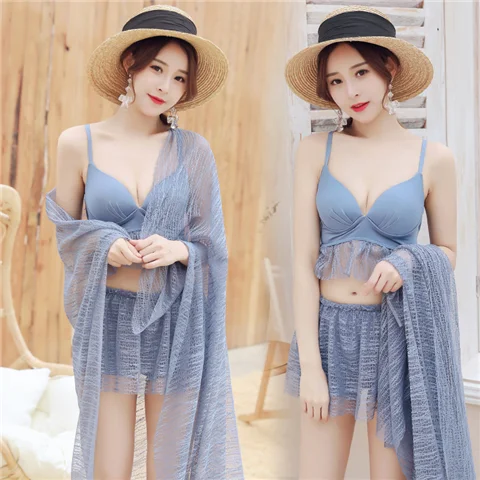 

2021 new bikini three piece sexy beach suit hot spring swimsuit women's solid lace split swimsuit women