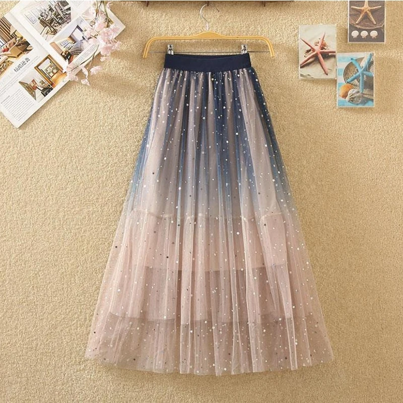 Длинная женская юбка из тюля 2019 весна лето расшитая блестками Звезда элегантная