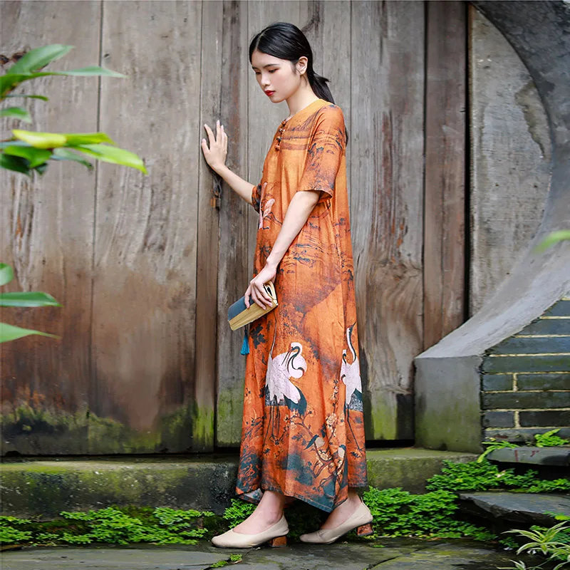 Hisenky 2019 Summer Chinese Style Dress Retro Ink Crane Printing Cotton Linen Women Dresses Slim Elegant Long Vestidos | Женская одежда