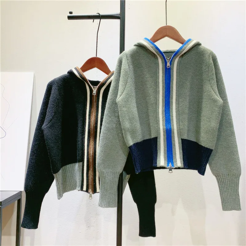 

Женский трикотажный Укороченный кардиган на молнии, с капюшоном